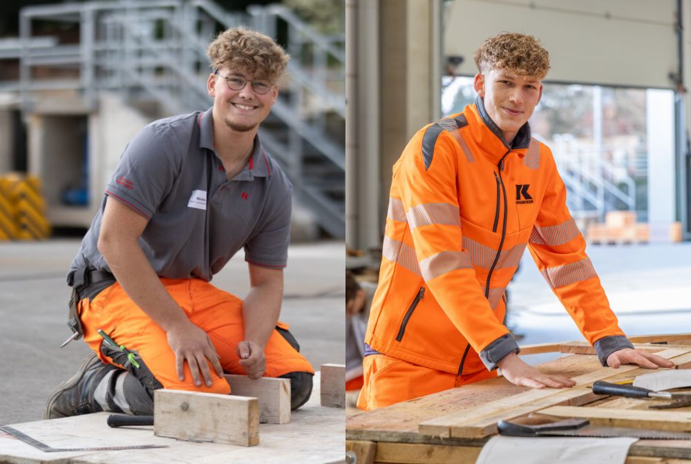 Zwei junge Männer in Arbeitskleidung der Firma Kassecker. Einer kniet in Arbeitshaltung, der andere steht vor einer Werkbank mit Holz.